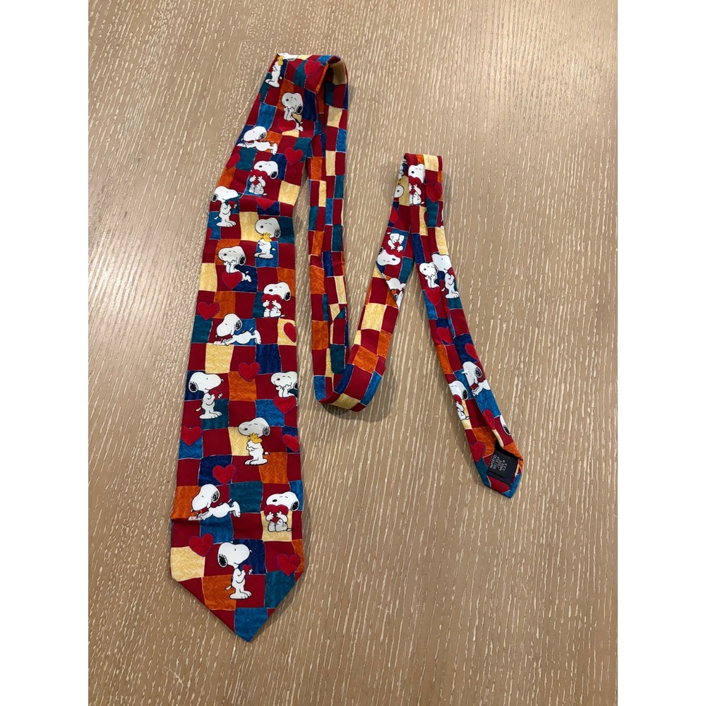 Vintage Peanuts Snoopy Woodstock Puppy Love Hearts Colorblock Men's Necktie
